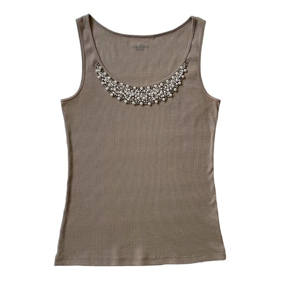 Embellished Rib Knit Cotton Tank Top — Taupe Stone Neutral Scoop Neck Size M - Picture 3 of 10